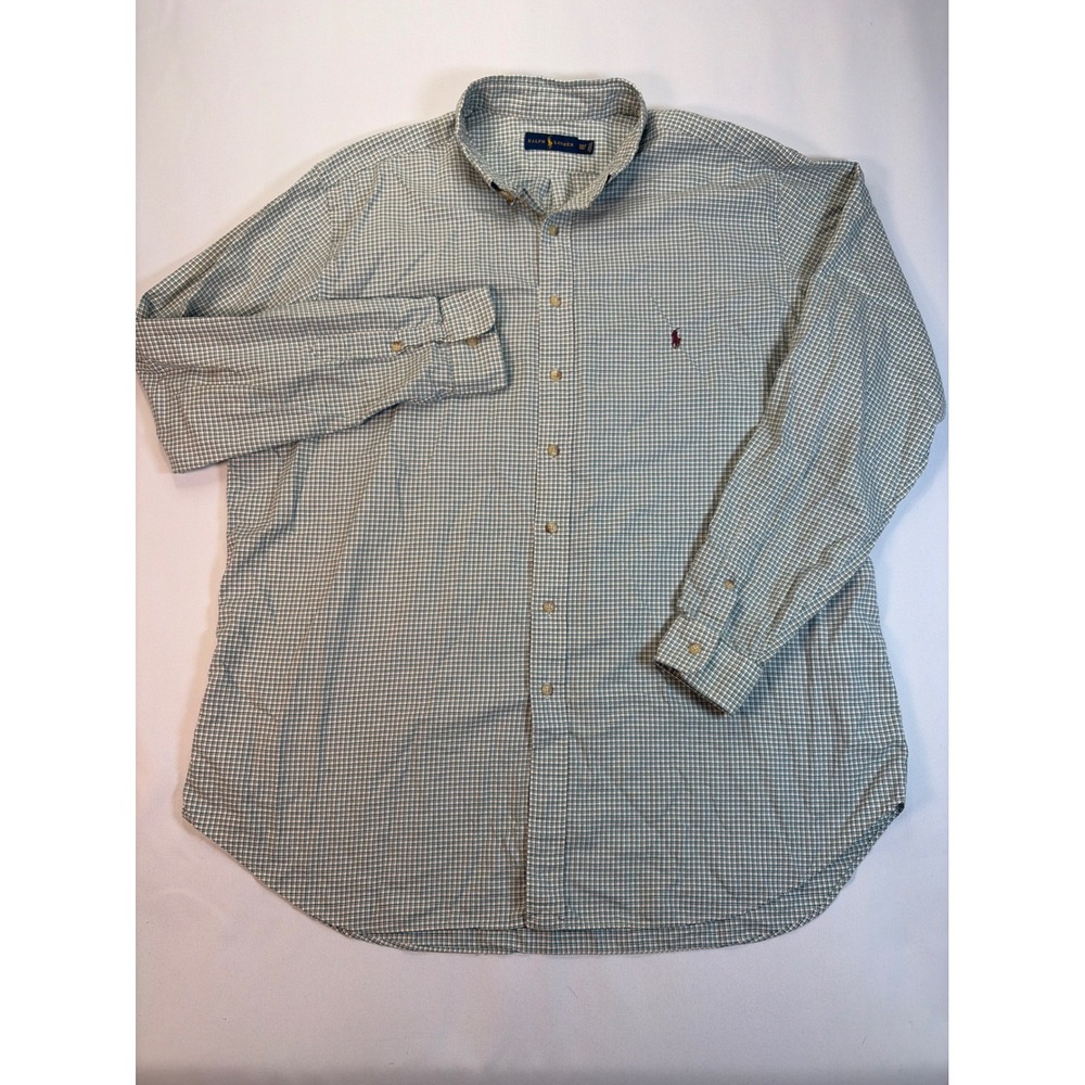 Ralph Lauren Mens 2XLT Tall Button Down Shirt Green White Check Long Sleeve